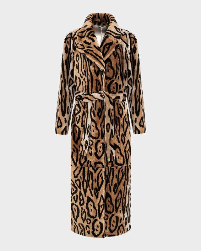Reversible Ocelot-Print Shearling Lamb Coat With Belt
